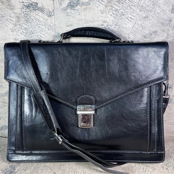 Time Resistance Leather Briefcase - Business Laptop Bag Italian Handmade - Picture 1 of 16